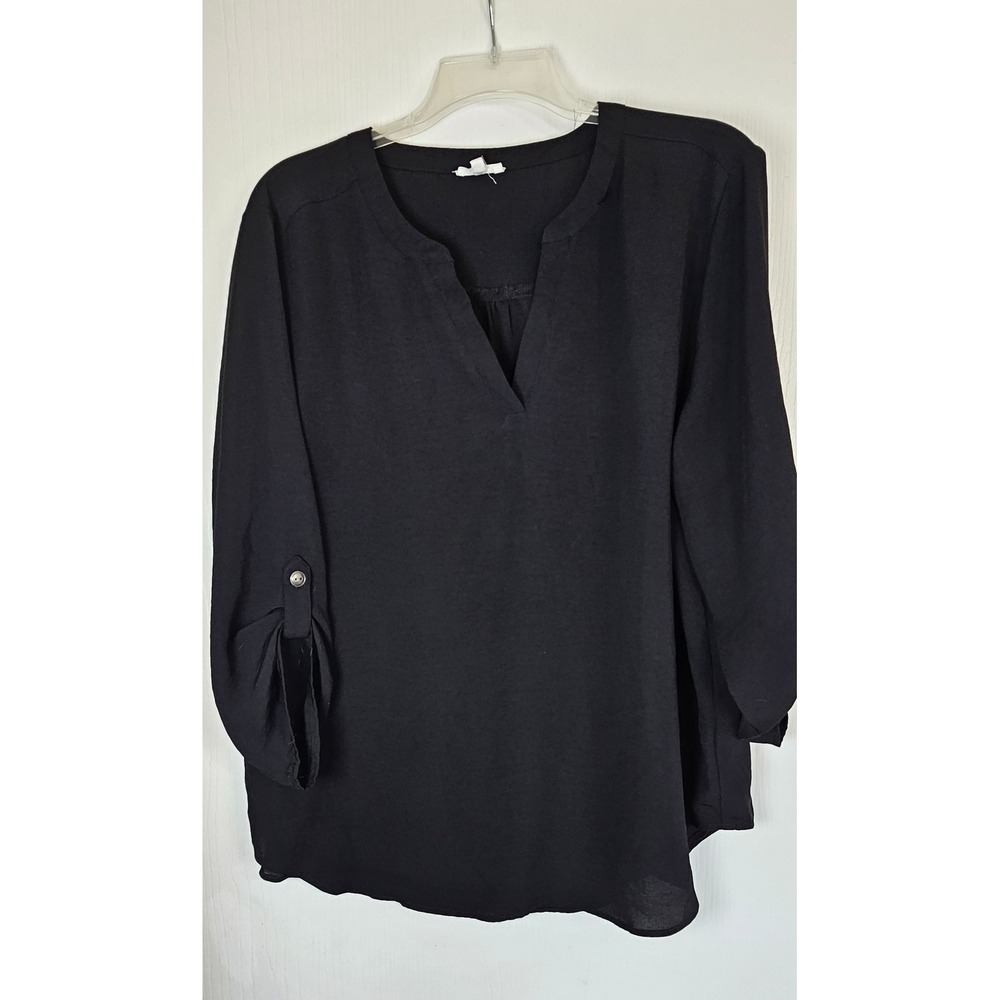 Lot of 2 Womens Roll Tab Sleeve Blouses Black Split Neck White Button Down Shirt